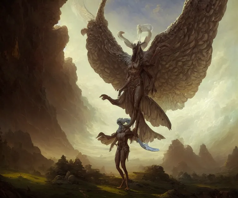 Prompt: a beautiful classical painting of a massive biblically - accurate alien seraphim, backlit, strong rim light, highly detailed, digital painting, hdri, by greg rutkowski and peter mohrbacher and dan mumford and justin gerard, vivid colors, detailed shading, 8 k resolution, intricate, smooth