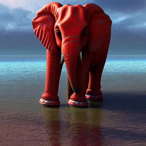 Image similar to red elephant with wheels instead of feet driving on the Pacific ocean, highly detailed, 8k, bordering on artstation,