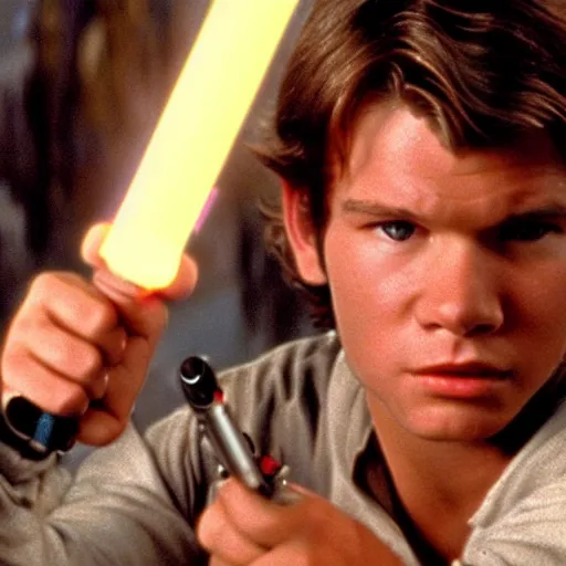 Image similar to A full color still from a film of a teenage Han Solo as a Jedi padawan holding a lightsaber hilt, from The Phantom Menace, directed by Steven Spielberg, 35mm 1990