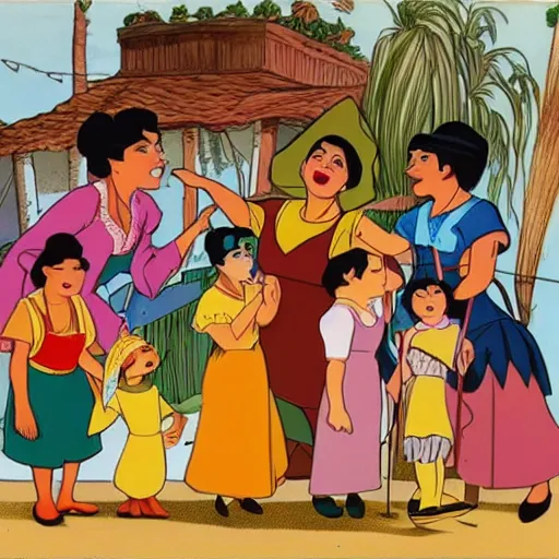 Prompt: Hispanic cleaning ladies from a 1900s Disney cartoon animated film, singing and dancing with the birds and deer in a Spanish favela