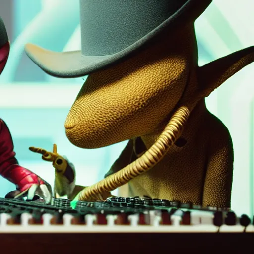 Image similar to cinematic film still of Pharrell Williams Making A Beat with an anthropomorphic alien, Japanese VFX, 2018, 400mm lens, f1.8, shallow depth of field,film photography