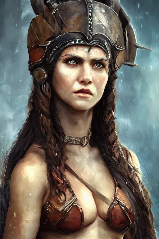 Prompt: head and shoulders portrait of a barbarian female, ultra sharp, very detailed, high quality focus by wlop