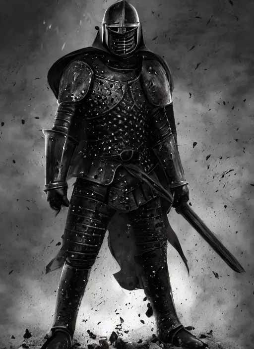Prompt: realistic photo of a medieval dark knight wearing black iron armour and helmet at war, battle scene, brutal, fighting the enemy, dust, blood, sword, horrifying, realistic, hyper realistic, trending on artstation, digital art