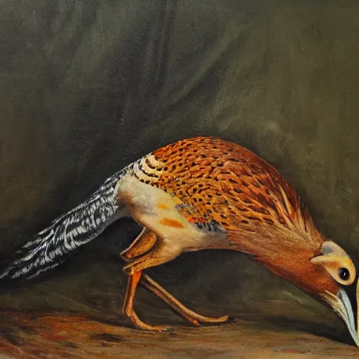 Image similar to A painting of a pheasant eating a fox