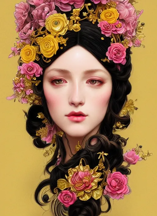 Image similar to beautiful black pink yellow, complicated gold and pink flowers in baroque style headwears, dark fantasy, intricate, elegant, highly detailed, digital painting, artstation, concept art, matte, 3 d 8 k octane rendered, sharp focus, illustration, octane rendered, art by artgerm and alphonse mucha, leesha hannigan