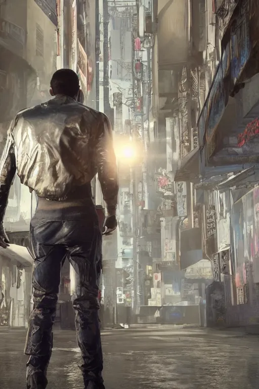 Prompt: in the foreground a Parisian street, in the background a brown man from the back with blue energy wings coming out of his back wearing a long matrix style jacket and starting to fly away, realistic, high definition, great details, dramatic scene, detailed and realistic hands, symmetrical face, realistic eyes, cyberpunk art 2077