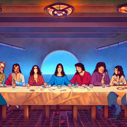 Image similar to the last supper in a mexican restaurant, by dan mumford, yusuke murata, makoto shinkai, ross tran, cosmic, heavenly, god rays, intricate detail, cinematic, 8 k, cel shaded, unreal engine, featured on artstation, pixiv