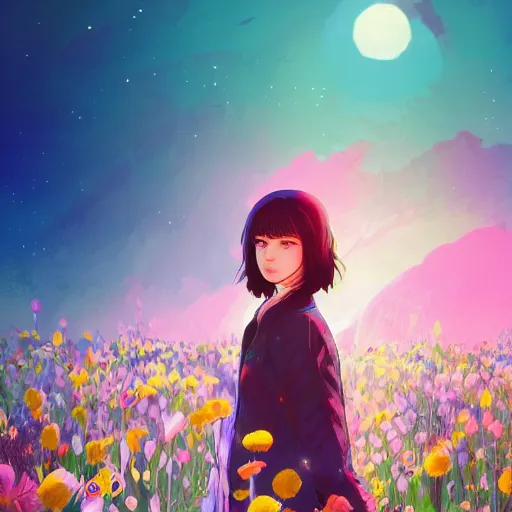 Image similar to portrait of Anya joy Taylor, field of flowers background, rich vivid colors, ambient lighting, dynamic lighting, 4k, HQ, official media, anime key visual, makoto shinkai, ilya kuvshinov, lois van baarle, rossdraws, detailed, trending on artstation