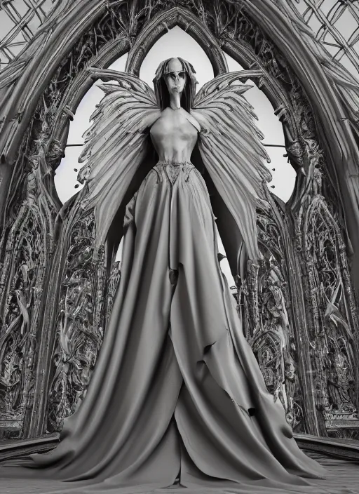 Prompt: Fine Art photo of a ancient sculptural demonic female Angel, rucifer, gothic and baroque sculpture, wearing long veil dress, six long wings, fallen angel with shadowy halo, in the large gothic cathedral , ornate, intricate and low contrast detailed, Guillermo del Toro style, full body portrait, hyper realistic, zbrush, epic perspective, octane render, volumetric light, cinematic lighting, cinematic detail, composition, photorealistic, render in unreal engine 5, 8k render, art sculpture, bone, ultra detailed technical precision, rule of third, dark epic scene