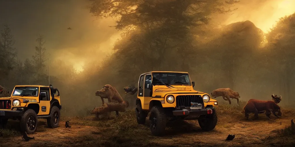 Image similar to Mahindra thar, headlights turned on, animals attacking, furious action scene, an epic fantasy, dramatic lighting, cinematic, establishing shot, extremely high detail, photorealistic, cinematic lighting, matte painting, artstation, by simon stalenhag, horizon forbideen west