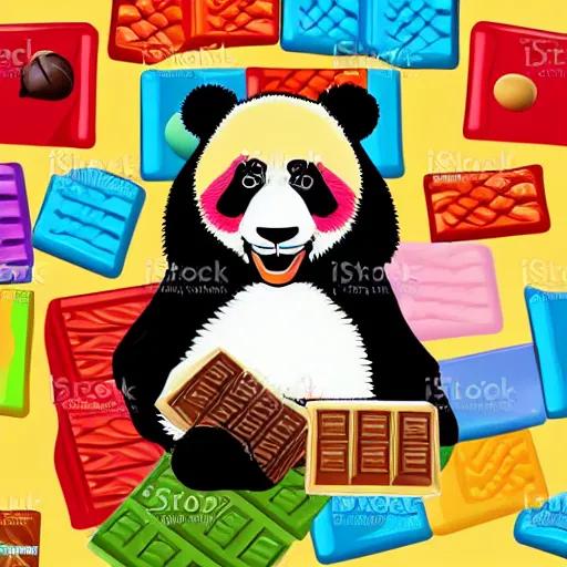 Image similar to vector artwork of a panda eating a chocolate bar, colorful, playful