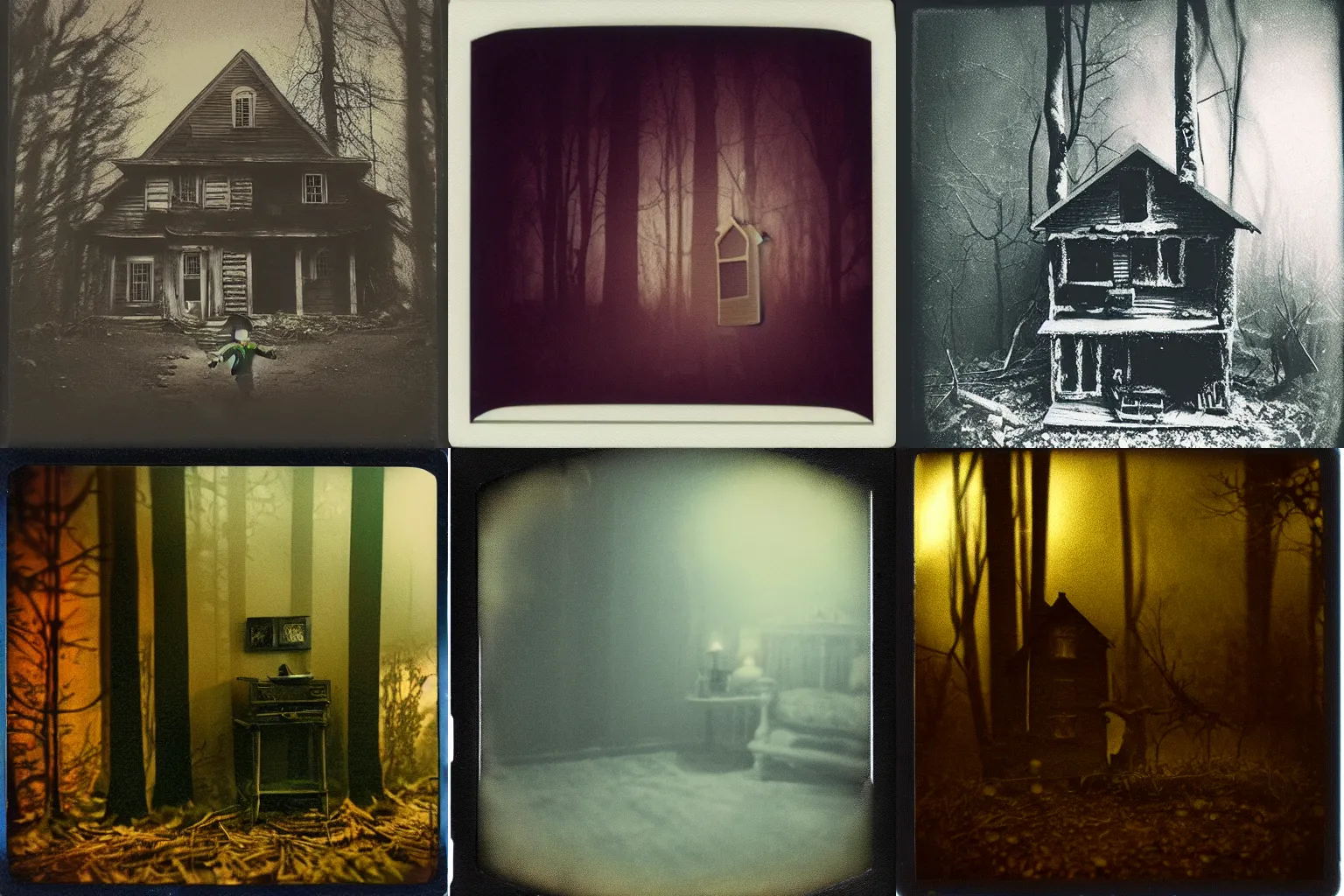 Prompt: an eerie polaroid photograph of a scary evil horrifying doll house in the woods, nighttime, dimly lit, creepy hd 4k