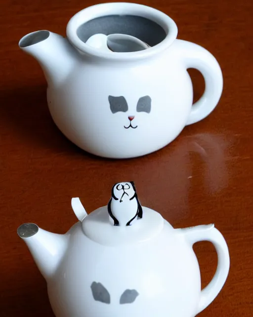 Prompt: a creepy white tea kettle shaped like a cat with a little porcelain gray mouse on the tip of it's spout