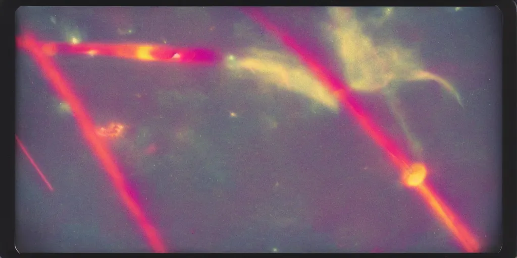 Image similar to polaroid photo of red rocket flying through space, multiple orange yellow purple galaxies visible, slight color bleed, lens flare