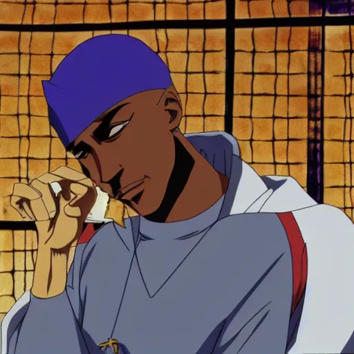 Image similar to Tupac Shakur, screenshot from a 2012s anime