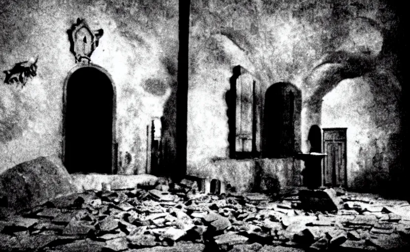 Image similar to contemplation of a crumbling chapel, still from an old surrealist black and white movie directed by Jan Svankmajer, Béla Tarr, Ingrid Bergman and Robert Wiene. Dark background, dramatic lighting, detailed, cinematic