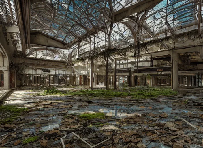 Prompt: interior of an abandoned mall in the 1 9 8 0 s, taken over by nature, nature style, hyperrealistic and beautiful painting, 8 k resolution, by hugh ferris and john smith, polished, fine detail, intricate, smooth, octane, concept art, trending on artstation