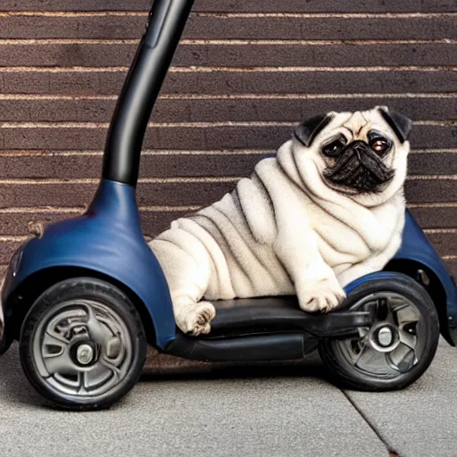 Image similar to a morbidly obese pug on a mobility scooter, high resolution photo