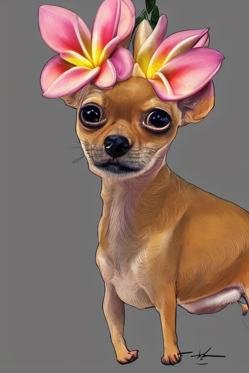 Image similar to ultra realistic illustration, portrait of a tan chihuahua plumeria tropical bouquet background, close up shot, fantasy, intricate, elegant, highly detailed, digital painting, artstation, concept art, smooth, sharp focus, illustration, surrealism