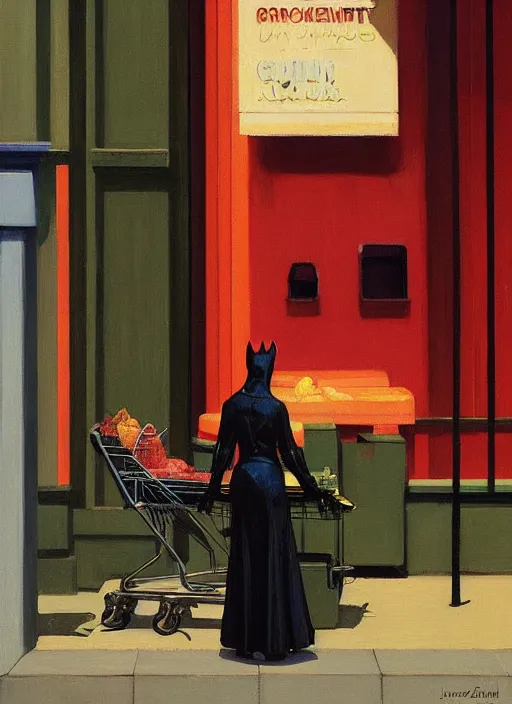 Prompt: catwoman in line at a grocery store painting by Edward Hopper and James Gilleard, Zdzislaw Beksinski highly detailed