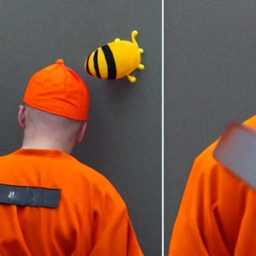 Image similar to inmate with orange suit and using a bee head