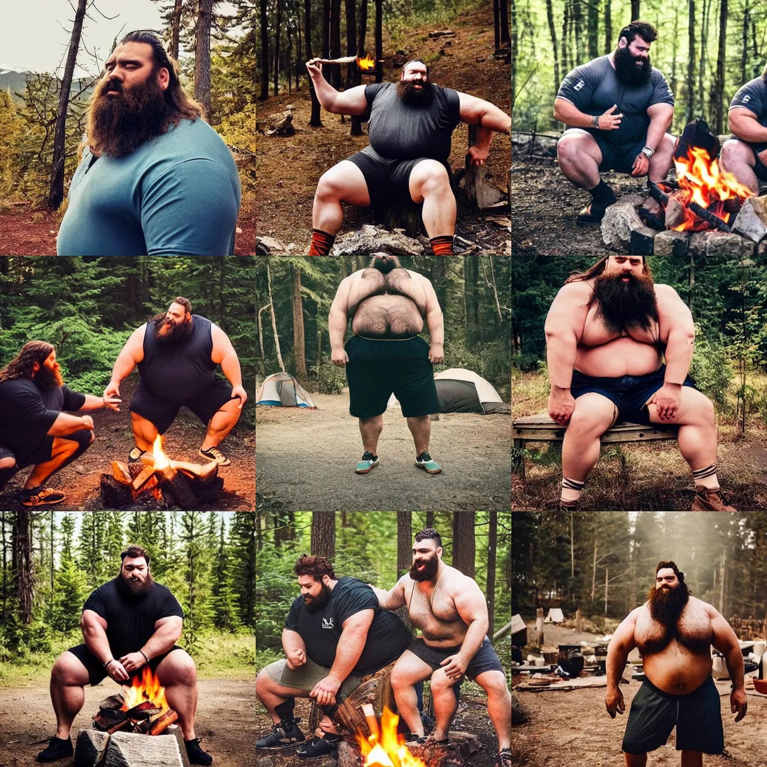 Prompt: big thick strongmen with thick long hair and thick beards and thick boodyhair in shorts kissing around a campfire, dad energy, photography