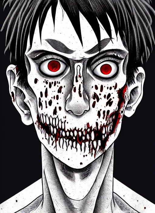 Image similar to junji ito style portrait of zombie teenage jughead jones wearing a light grey crown, zombie, crown, rotting skin, blind eyes, white eyes, crown, black hair, intricate, highly detailed, illustration, art by junji ito