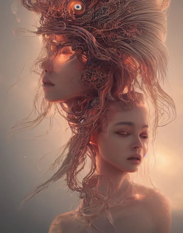 Image similar to goddess portrait. jellyfish phoenix head. intricate artwork by Tooth Wu and wlop and beeple. octane render, trending on artstation, greg rutkowski very coherent symmetrical artwork. cinematic, hyper realism, high detail, octane render, 8k