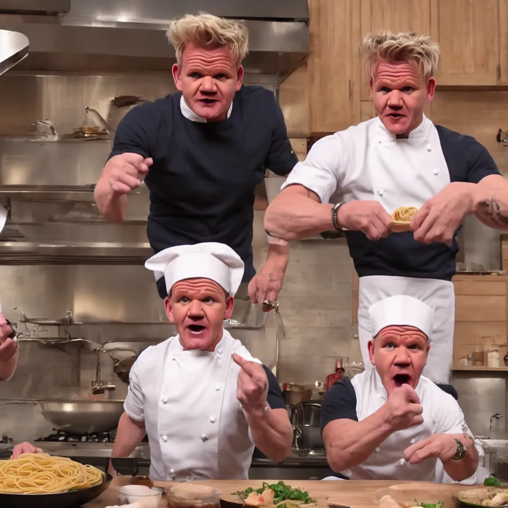 Image similar to gordon ramsay throwing spaghetti and yelling at eminem, cooking show, very detailed, realistic, 4 k, professional photography