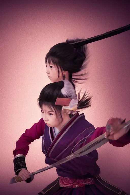 Image similar to highly detailed beautiful photo of a young female samurai, practising sword stances, symmetrical face, beautiful eyes, realistic anime art style, 8 k, award winning photo, pastels, action photography, 1 / 1 2 5 shutter speed, dramatic lighting