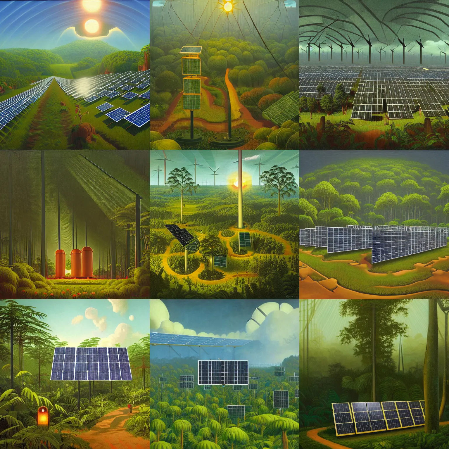 Prompt: A solar panel power plant in a lush rainforest utopia by Simon Stålenhag and Grant Wood, oil on canvas, heavenly rapture