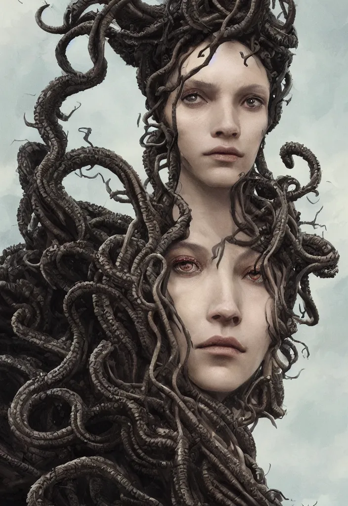 Image similar to A beuatiful portrait of medusa by Greg Rutkowski, Sung Choi, Mitchell Mohrhauser, Maciej Kuciara, Johnson Ting, Maxim Verehin, Peter Konig, Bloodborne , 8k photorealistic, cinematic lighting, HD, high details, dramatic, atmospheric , trending on artstation