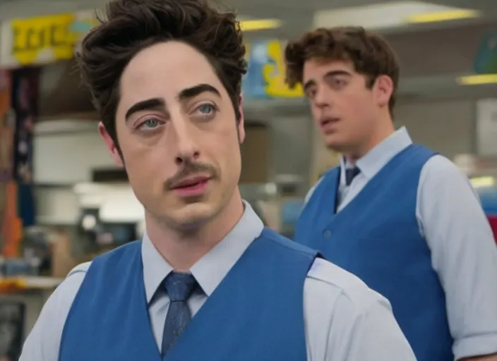 Prompt: film still of ben feldman!!! as jonah simms wearing his blue vest uniform, in superstore, 2 0 1 5