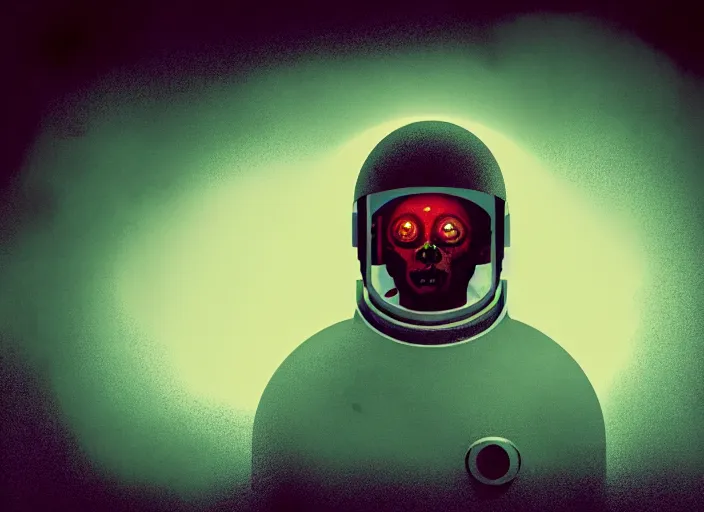 Image similar to portrait of a zombie astronaut, colorful, modern art deco, mads berg, karolis strautniekas, christopher balaskas, stippled light, fog, moody, fine texture, editorial illustration, dramatic lighting, dynamic composition, detailed, matte print, dynamic perspective, muted color