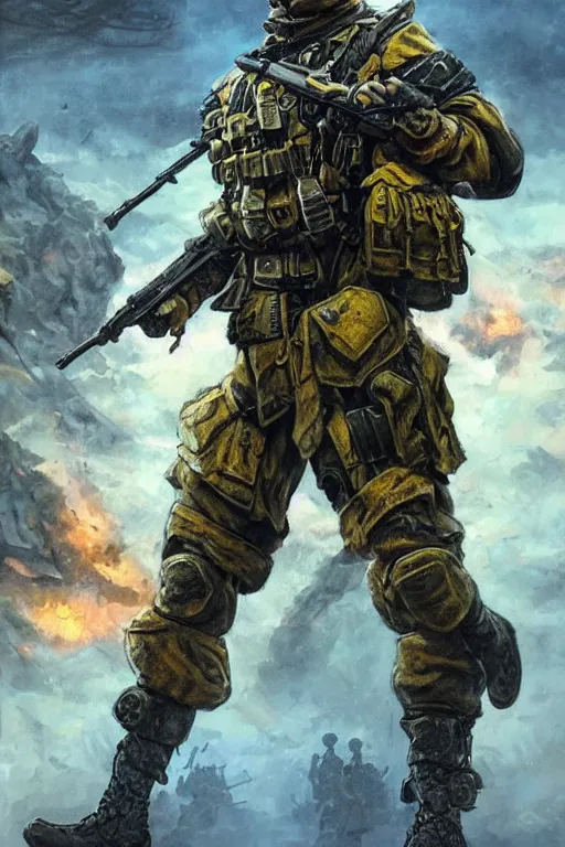 Image similar to a distant shot of a Ukrainian Call of Duty soldier with blue and yellow uniform standing alone on a pile of skulls as a winner, masculine figure, D&D, fantasy, intricate, elegant, highly detailed, extremely detailed, digital painting, artstation, concept art, matte, sharp focus, symmetrical, illustration, art by Artgerm and Greg Rutkowski and Alphonse Mucha