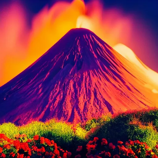 Image similar to photo of a volcano in eruption with a lot of flowers, bright shootings stars in the sky in the background, highly detailled, 4 k