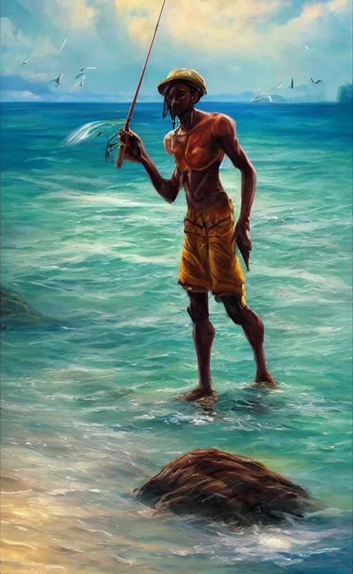 Prompt: A beautiful painting of a singular Jamaican man fishing at edge of the Jamaican sea by Ross Tran, style of League of Legends