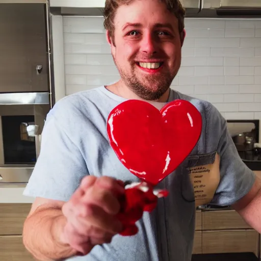 Image similar to Henry Phillips from Henry's Kitchen holding a bloody heart in his hand 4k, high definition