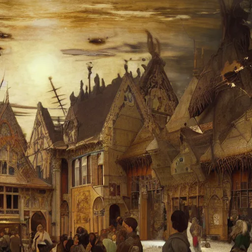 Image similar to masterpiece bazaar of unholy artifacts, by Edgar Maxence and Ross Tran and Michael Whelan and Da Vinci and Caravaggio and J.M.W Turner and Bruegel intricate line drawings, cinematic, establishing shot, 4k resolution,