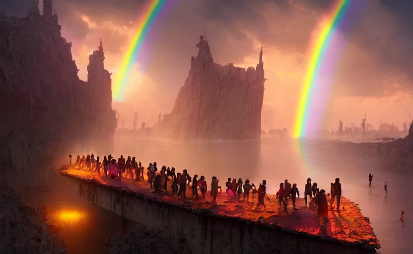 Image similar to incredible, mindblowing, refugees crossing a ruined bridge made of rainbow hardlight, floating city in the sky, matte painting, artstation, cgsociety, dramatic lighting, concept art, octane render, arnold 3 d render