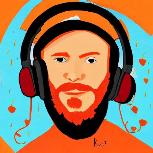 Prompt: streamer on twitch with black hat, stubble, ginger hair, orange hair, black cap, stubbles, red headphones, in the style of jeremiah ketner, art