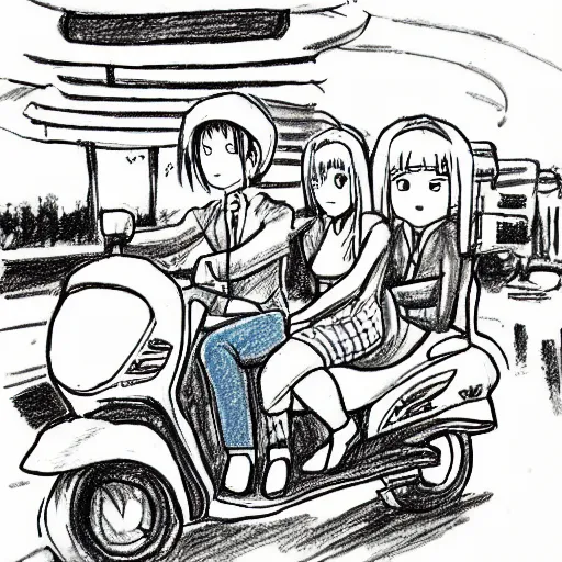 Image similar to a drawing of a man and a woman riding a scooter, a comic book panel by hiromu arakawa, featured on pixiv, tachisme, rtx, anime, art