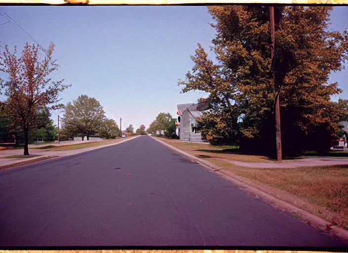 Image similar to A disposable camera picture of an empty street in a small rural American suburb, Kodak Fling 200, 1983