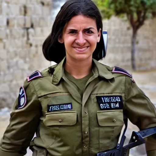 Prompt: a female israeli defence force soldier holding a stapler to her head and smile by donato gianocola