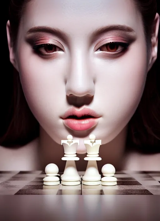 Image similar to queen chess piece photo portrait, beautiful pale makeup, pearlescent skin, elegant pose, very detailed, highly detailed background, photorealism, sharp focus, photorealism, soft diffuse autumn lights, some sunlight ray, dark room wall, canon 5 d 5 0 mm lens, zen temple background