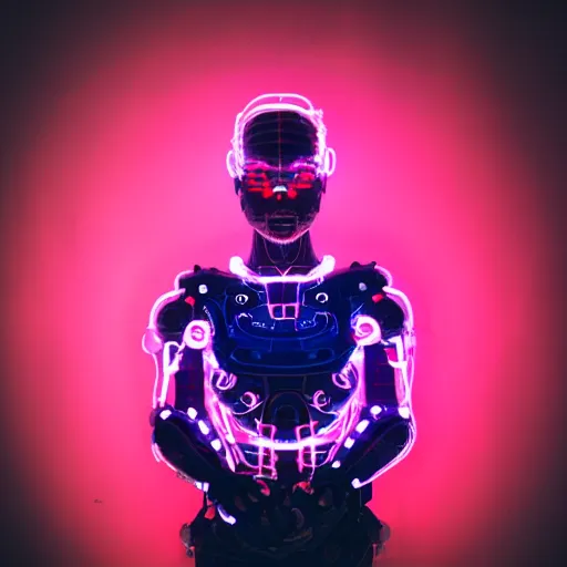 Prompt: beautiful japanese cyborg with led projection skin, neon lighting, techno neon background, portrait photo