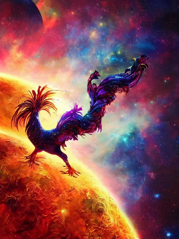 Image similar to a giant rooster floating in space, galaxy cosmic nebula, epic, volumetric light, hyperrealistic, glitter, mega detailed, beautiful composition, beautiful lighting, unreal render, 4 k, vincent di fate, john berkey, michael whelan