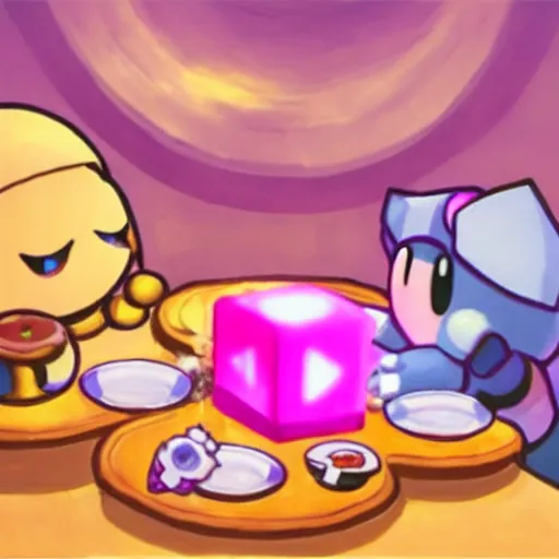 Prompt: kirby eating dinner with companion cube from the game portal, romantic, candlelight