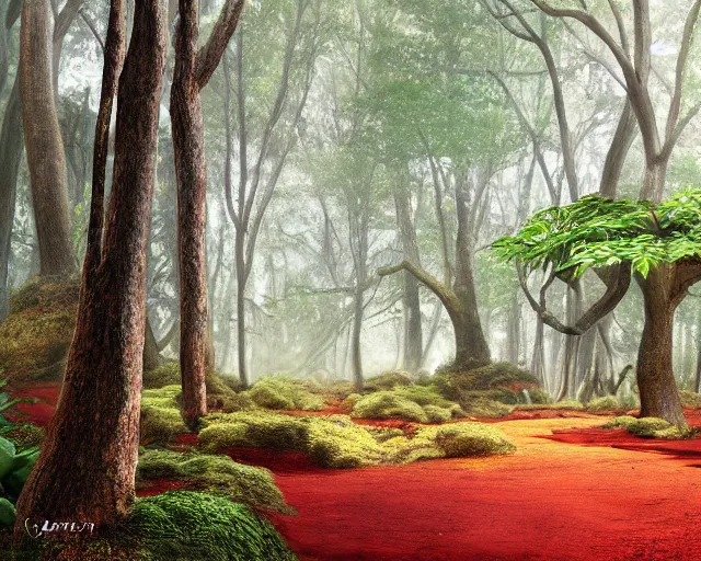Image similar to deciduous forest in a humid subtropical climate with red clay soil, award winning fantasy concept art
