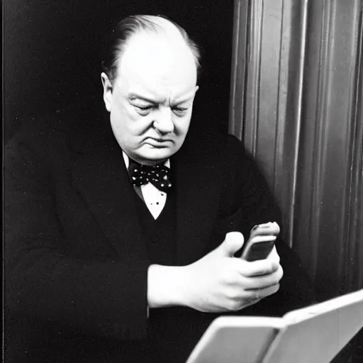 Image similar to A black and white photograph, circa 1940s, of Winston Churchill looking down at his smartphone